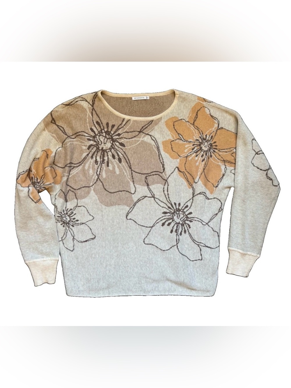 Staccato Women’s Large Floral Knit Sweater Cream Taupe Mustard